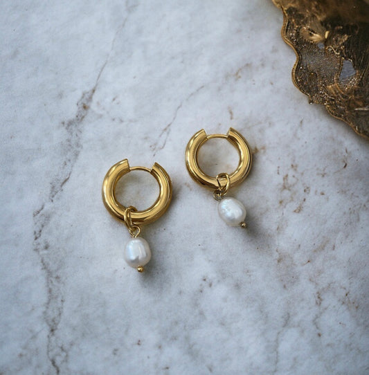 Gold Pearl Hoop Earrings